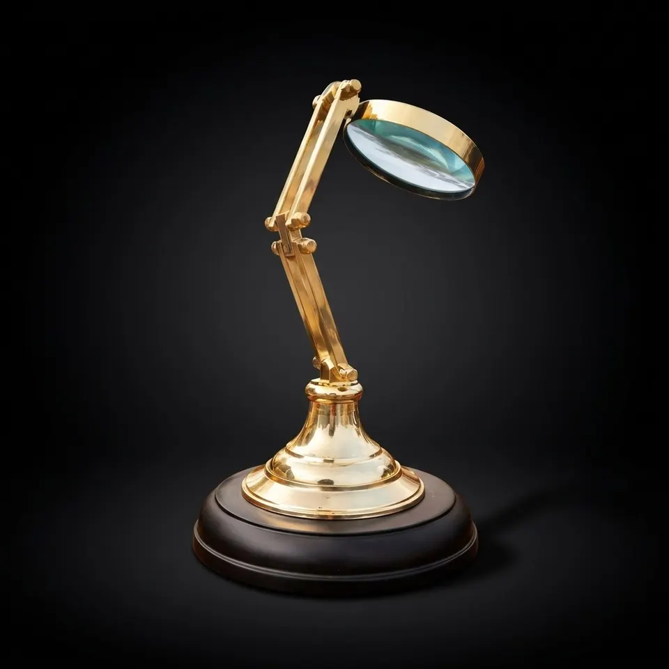 Polished Brass Magnifier 3" on Wooden Stand Base view 1