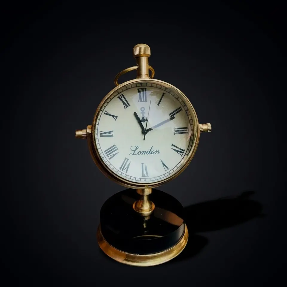 Vintage Brass Desk Clock with Compass Dial Back