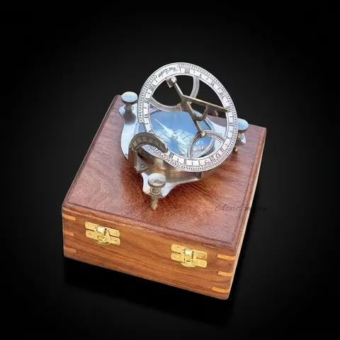 Antique Brass Sundial Compass with Fitted Wooden Presentation Box view 1