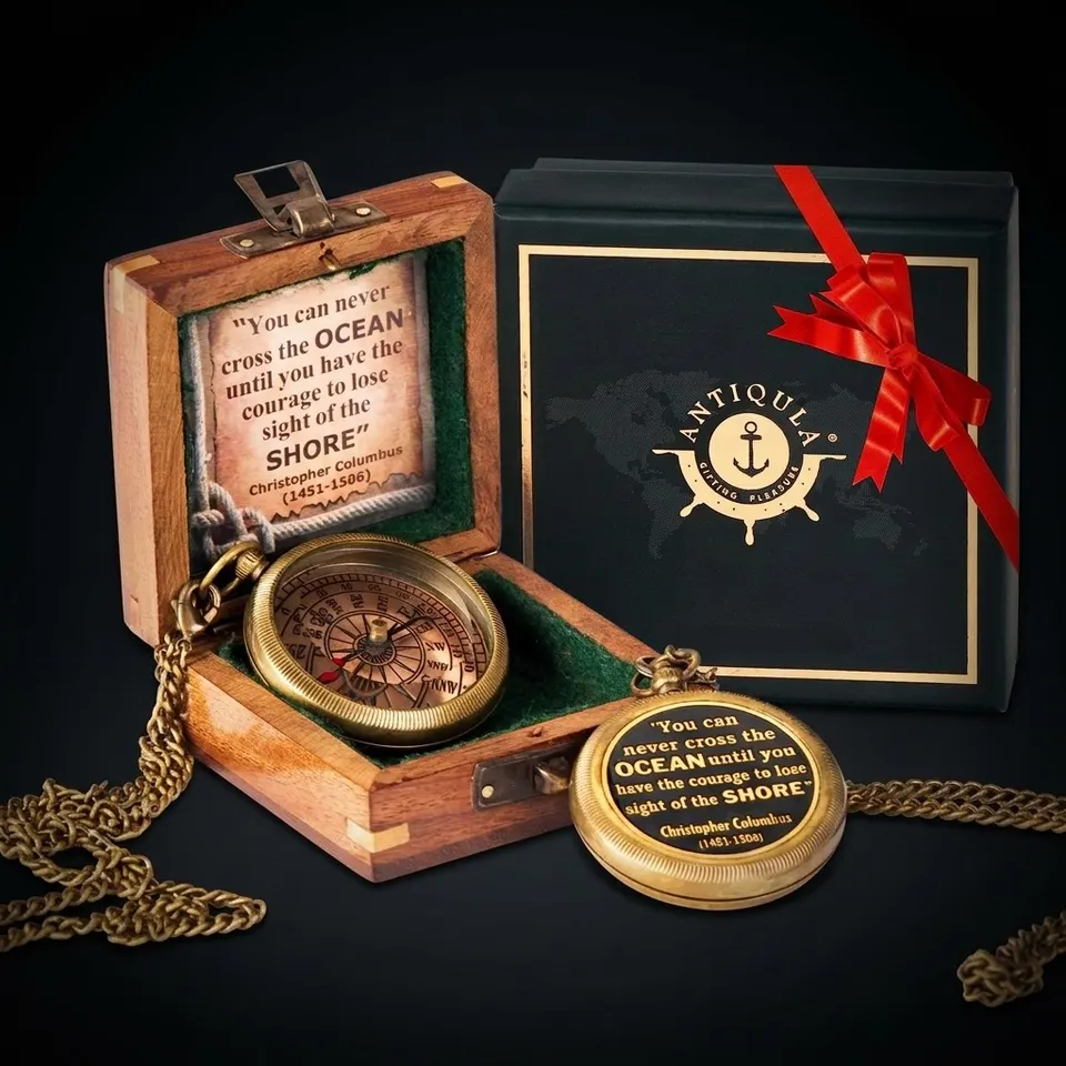 Christopher Columbus Quote Compass, Wooden Box & Gift Box