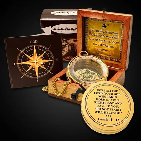 Isaiah 41:13 Compass, Wooden Box view 1