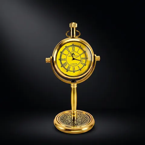 Brass Desk Clock with Embossed Floral Back view 1