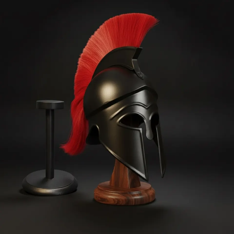 Corinthian Helmet — Warrior Medieval with Wooden Stand