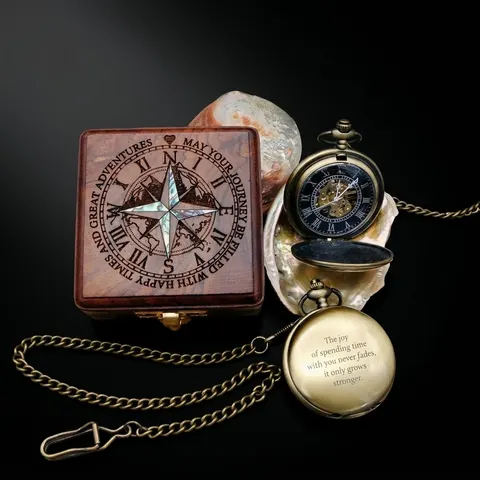 Brass Pocket Watch — Push-Button Lid & Wooden Box view 1