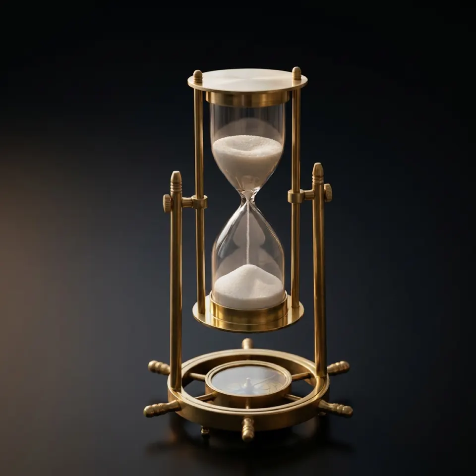 Fillable Brass Hourglass with Working Compass and Ship Wheel Base, 10-Minute