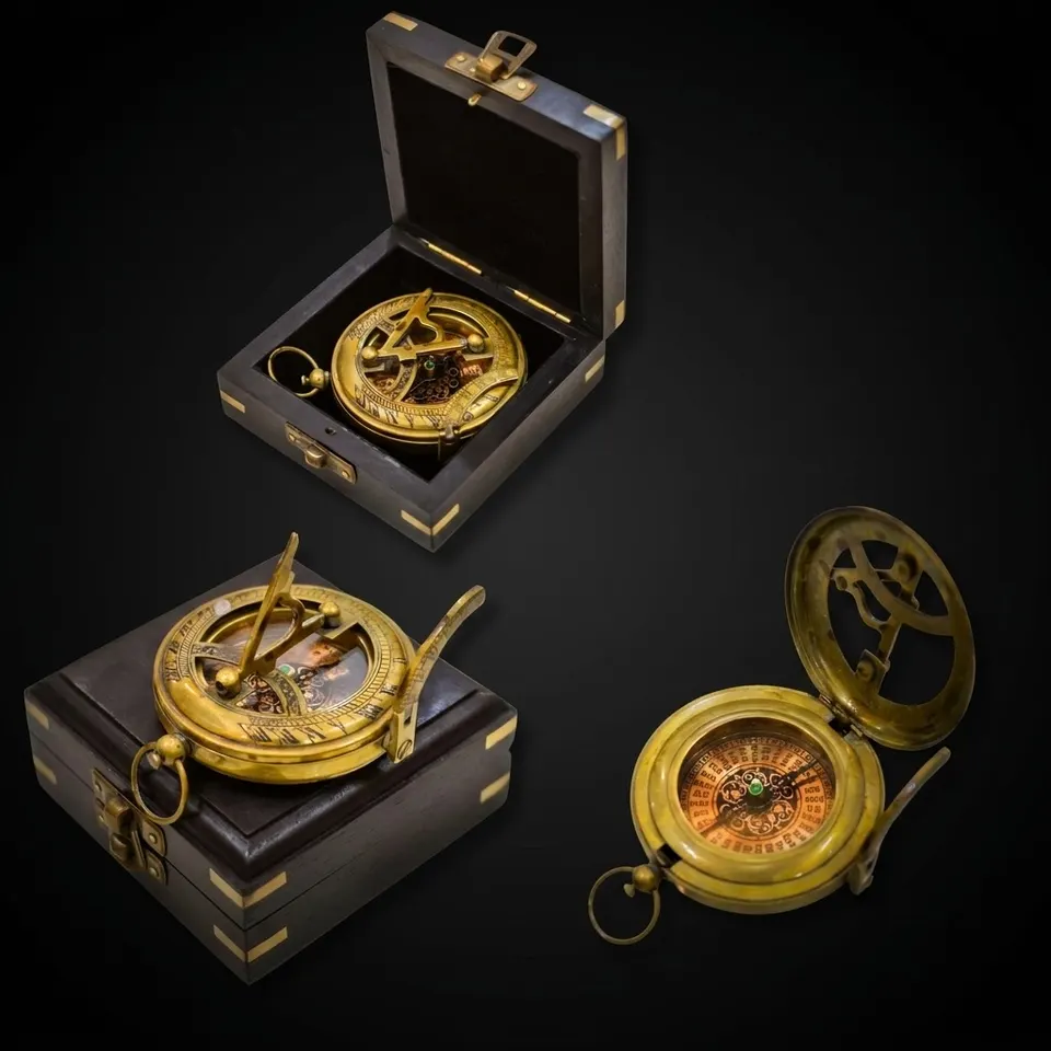 Antique Brass Sundial Compass with Fitted Wooden Presentation Box