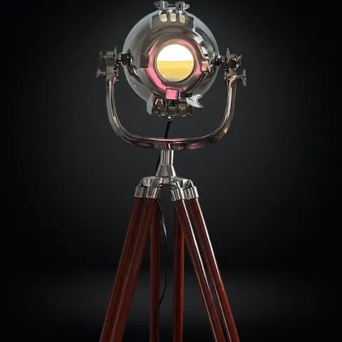 Chrome Spotlight on Wooden Tripod view 1