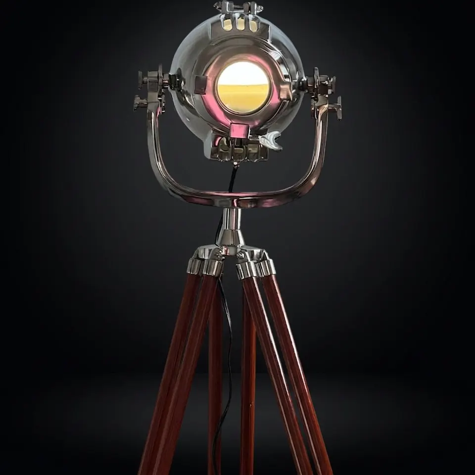 Chrome Spotlight on Wooden Tripod