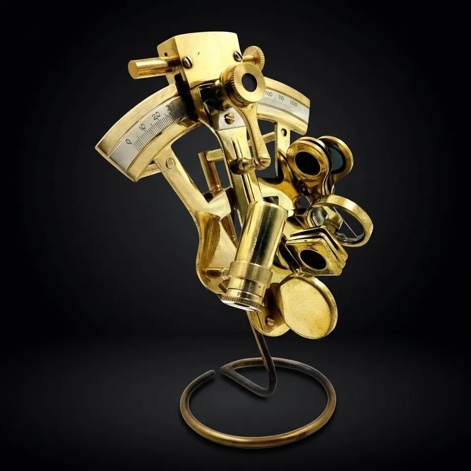Polished Brass Sextant with Brass Display Stand view 1