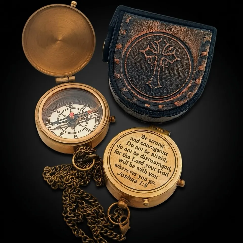 Joshua 1:9 Compass, Leather Case