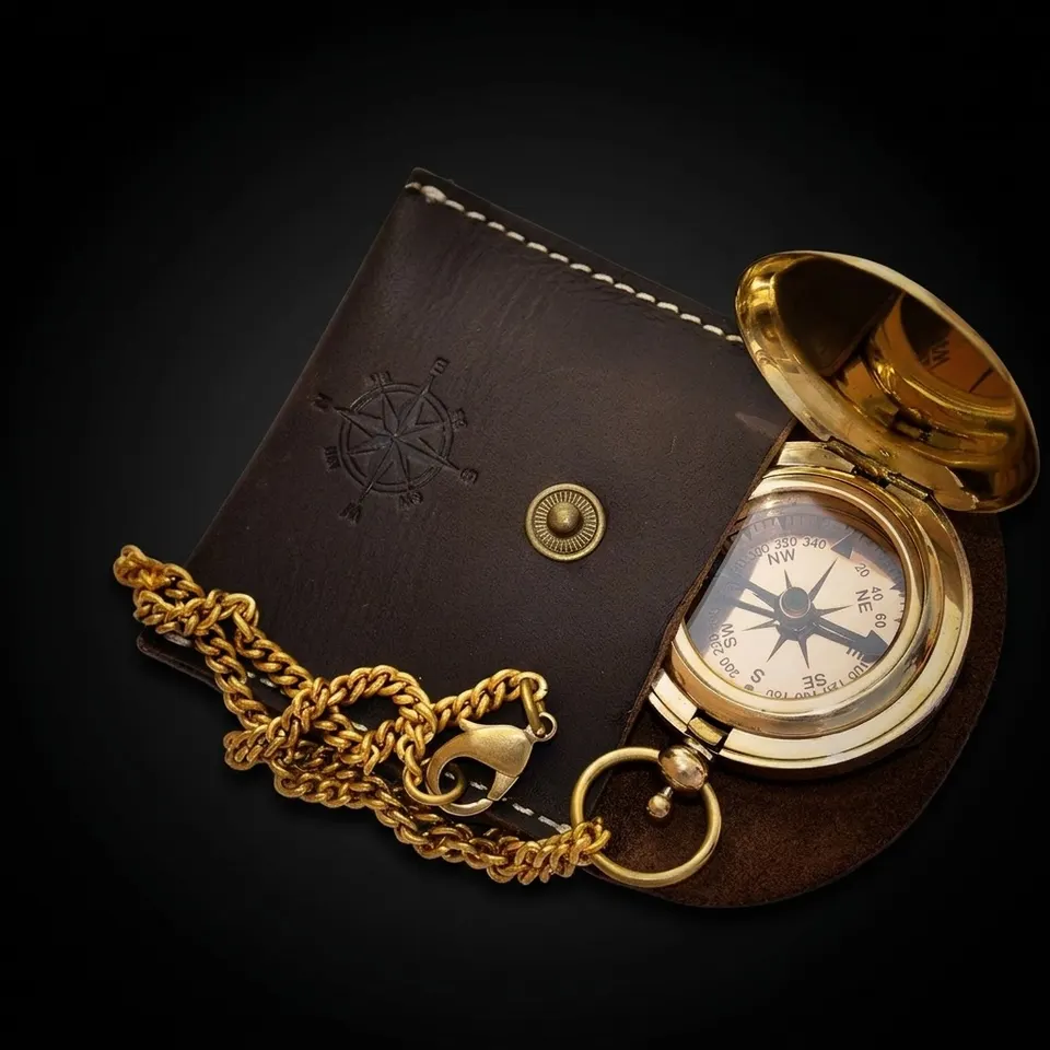 Push Button Compass, Leather Case