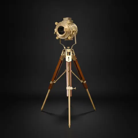 Polished Brass Spotlight on Wooden Tripod view 1