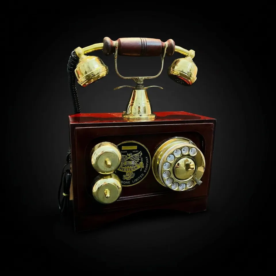 Brass and Wood Rotary Dial Telephone — Retro Desk view 1
