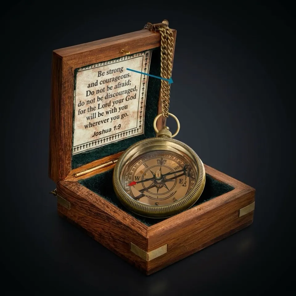 Be Strong and Courageous Compass, Wooden Box