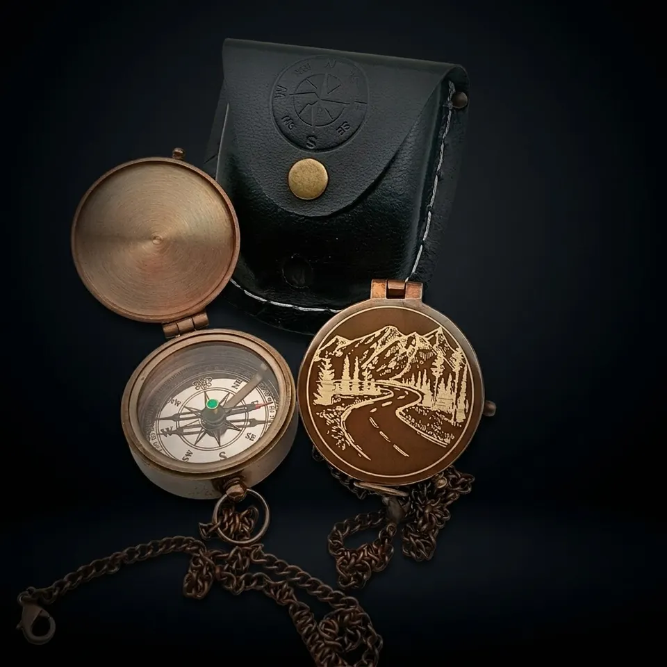 Push Button Compass, Leather Case