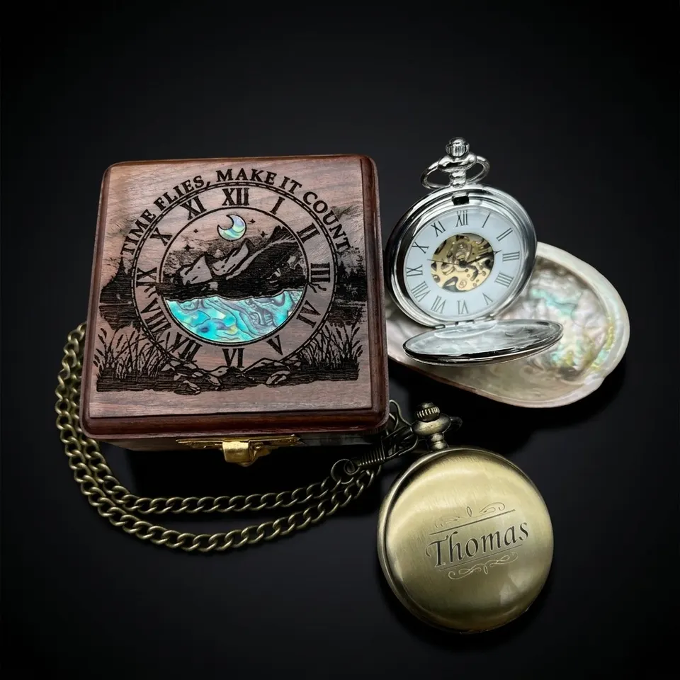 Brass Pocket Watch — Push-Button Lid & Wooden Box II