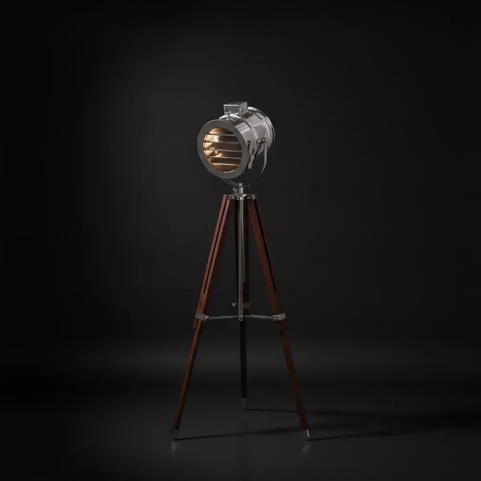 Chrome Spotlight on Wooden Tripod