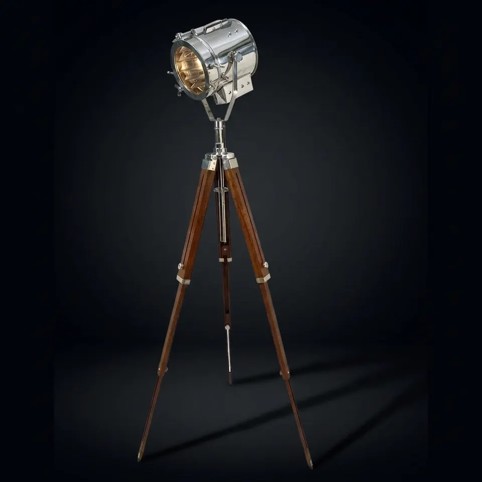 Chrome Spotlight on Wooden Tripod