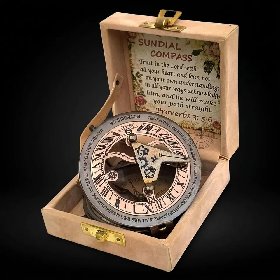 Antique Brass Sundial Compass with Velvet Box