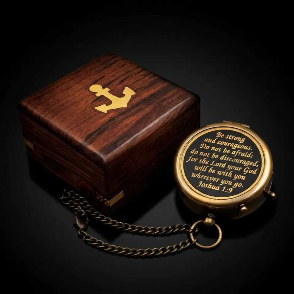 Be Strong and Courageous Compass, Wooden Box