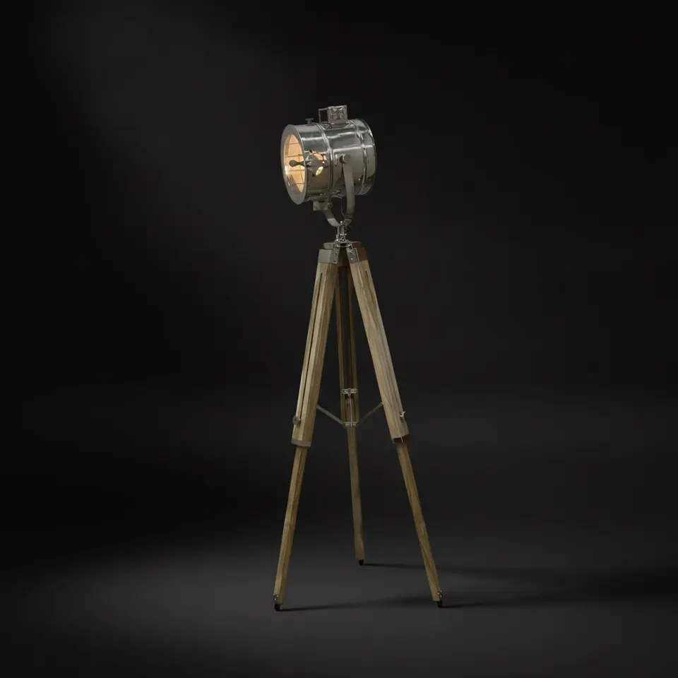 Chrome Spotlight on Teak Wood Tripod