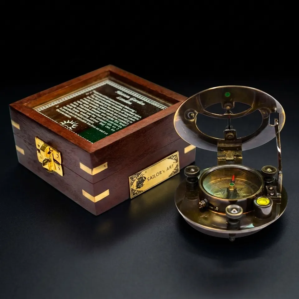 Black Antique Brass Sundial Compass with Glass-Topped Wooden Presentation Box