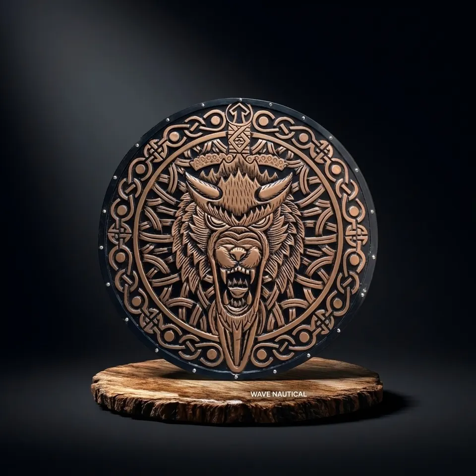 Medieval Viking Wooden Round Shield with Dragon Motif
