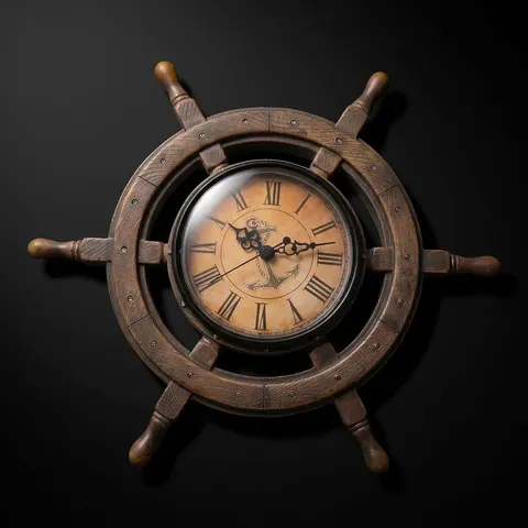 Cast Resin Ship Wheel Wall Clock Roman Numerals view 1