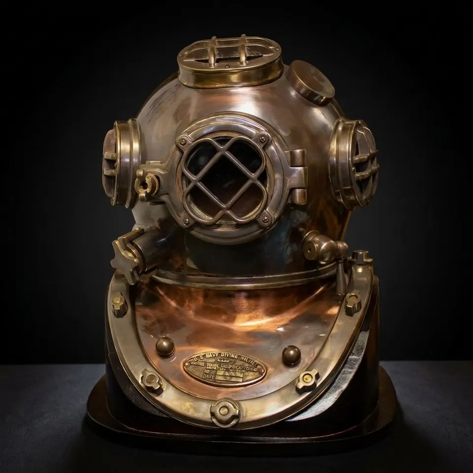 Copper Diving Helmet with Brown Antique Finish and Dark Brown Wooden Base