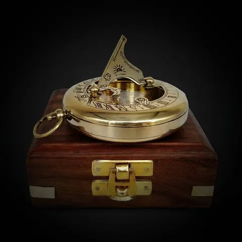 Antique Brass Sundial Compass with Wooden Box view 1