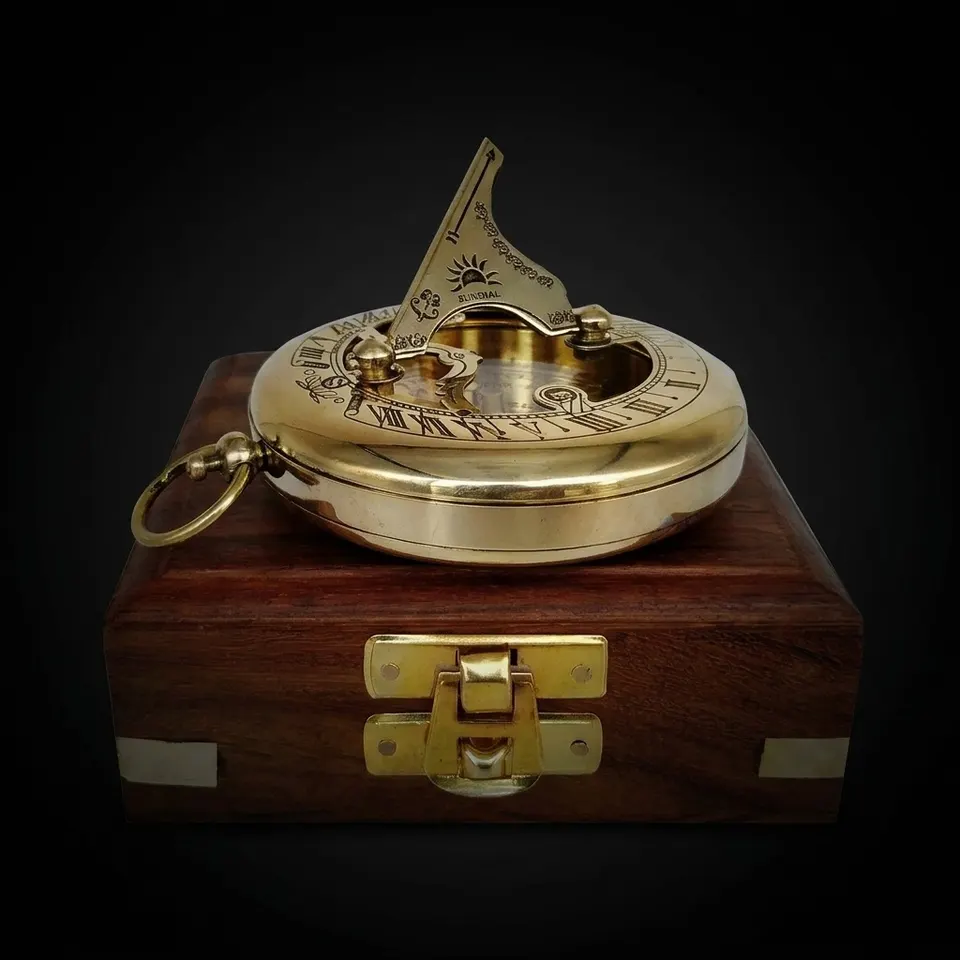 Antique Brass Sundial Compass with Wooden Box
