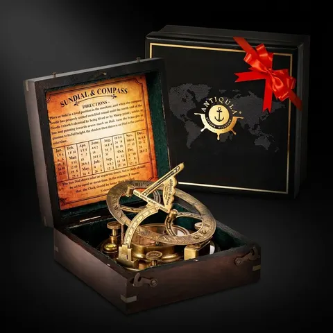 Antique Brass Sundial Compass with Black Wooden Presentation Box view 1