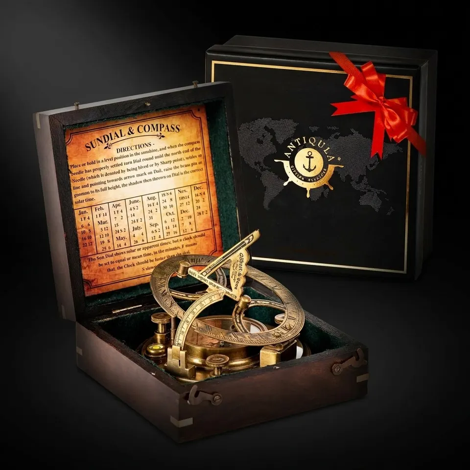 Antique Brass Sundial Compass with Black Wooden Presentation Box