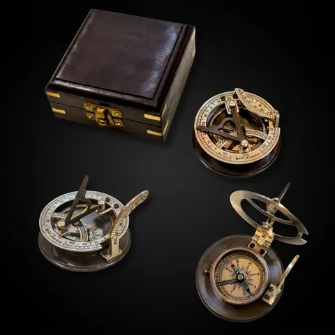 Black Antique Brass Sundial Compass with Black Wooden Presentation Box view 1
