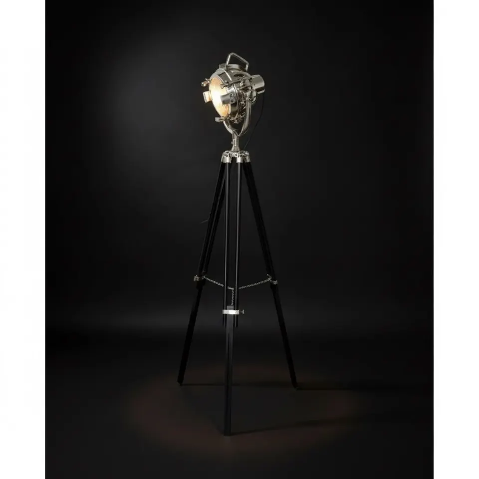 Chrome Spotlight on Black Wooden Tripod