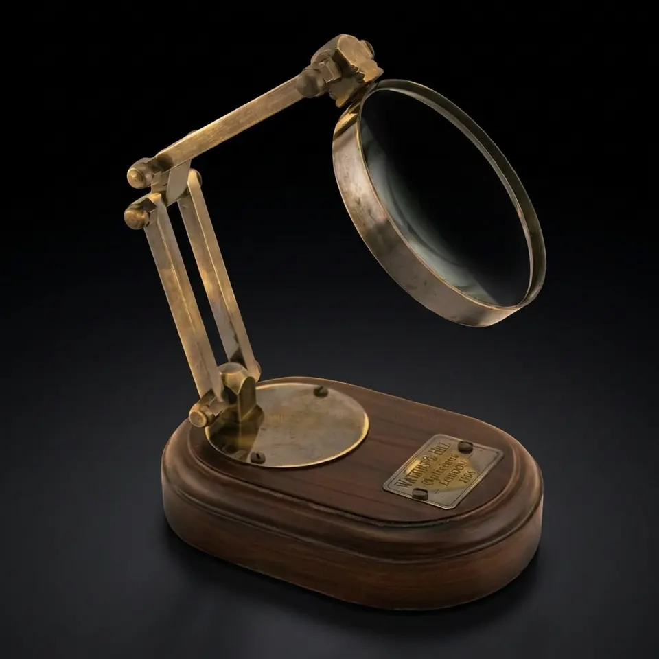 All-Brass Magnifier 3" on Three-Hinge Adjustable Wooden Base Stand view 1