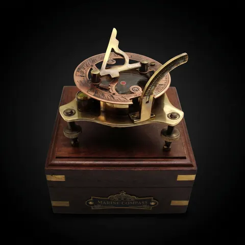 Antique Brass Sundial Compass with Fitted Wooden Presentation Box view 1