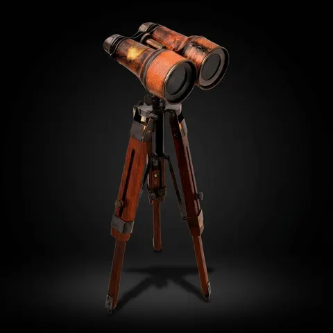 Brass Binocular with Red Leather Wrap and Wooden Tripod Stand view 1