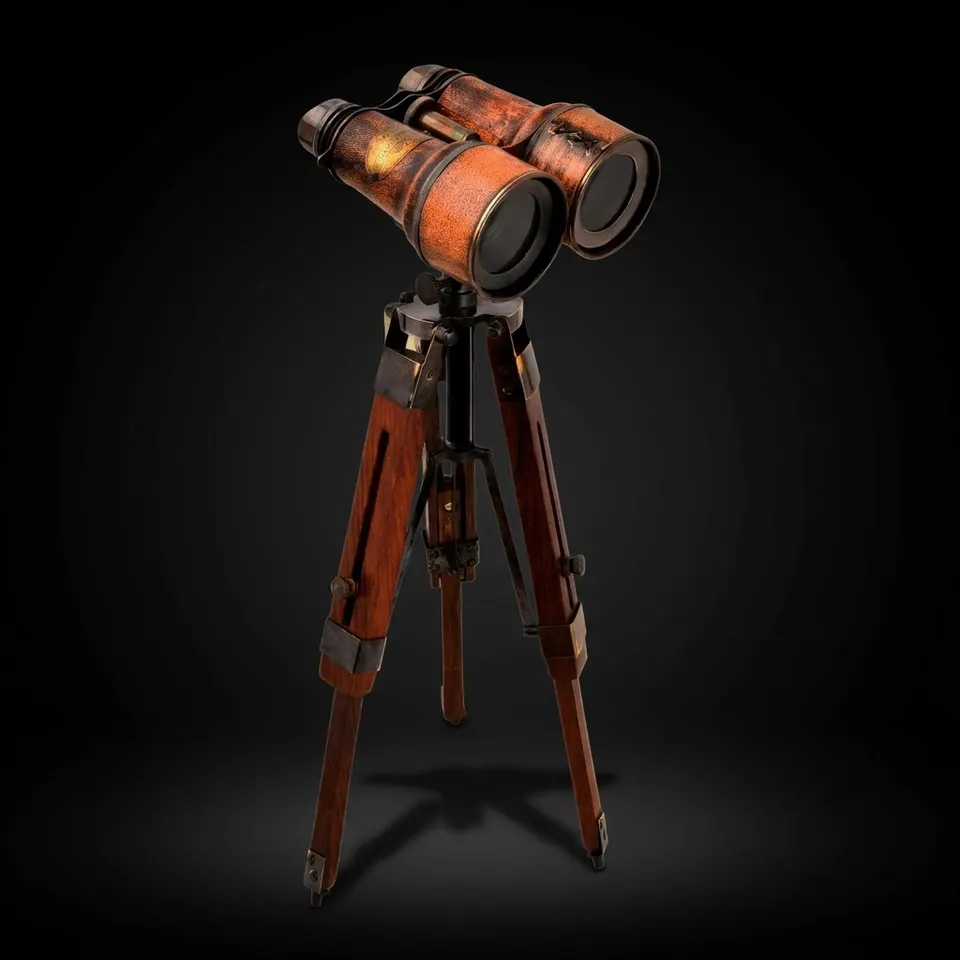 Brass Binocular with Red Leather Wrap and Wooden Tripod Stand