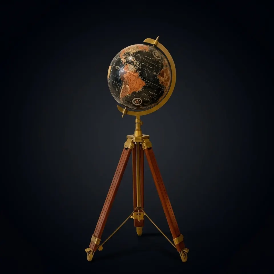 Large Dark Globe on Wooden Tripod Stand with Brass Ring, Alternate Stand Colour