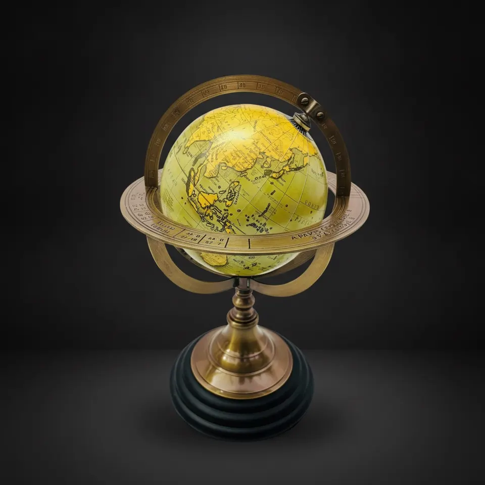 Brass Armillary Globe with Green World Map on Rosewood Base