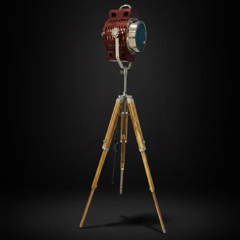 Red Spotlight on Wooden Tripod view 1