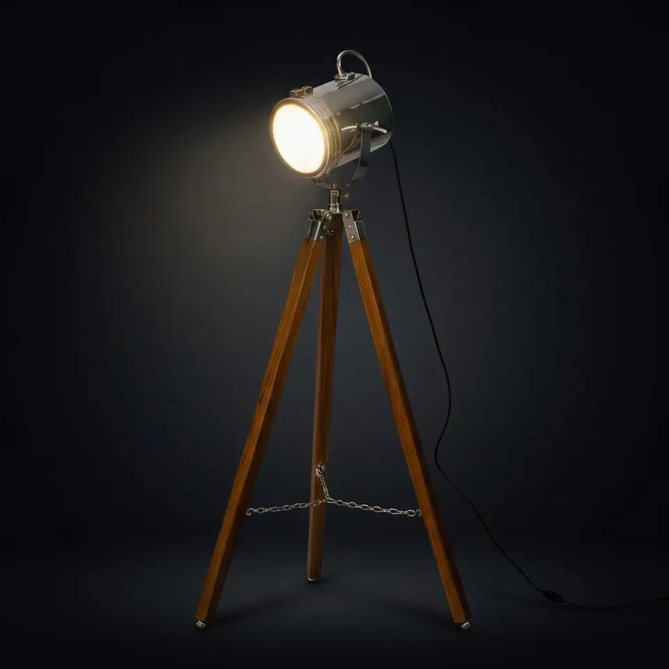 Chrome Spotlight on Wooden Tripod