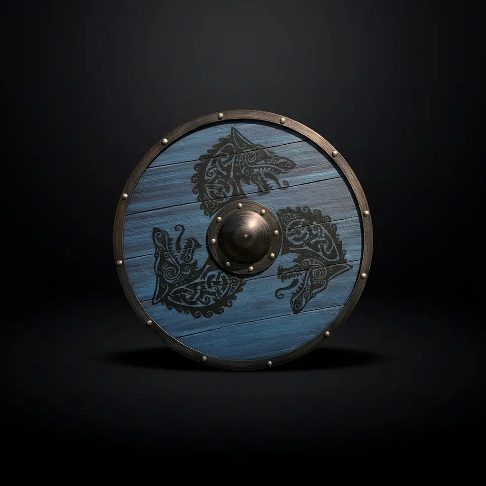Handmade Viking Shield with Fenrir Wolf Knot Blue Wood LARP view 1