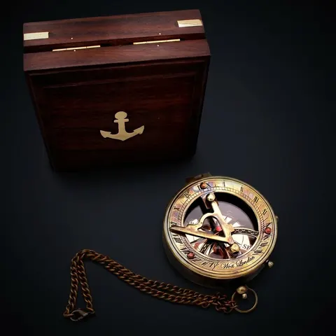 Antique Brass Sundial Compass with Rosewood Presentation Box view 1