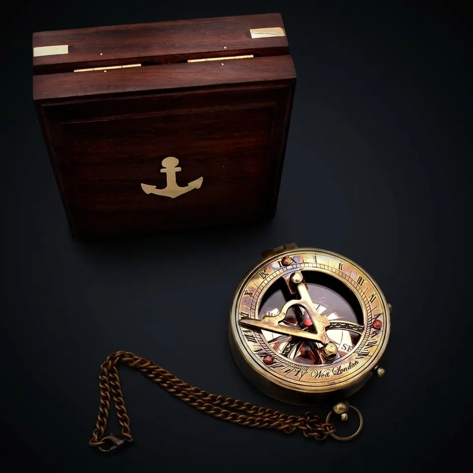 Antique Brass Sundial Compass with Rosewood Presentation Box view 1