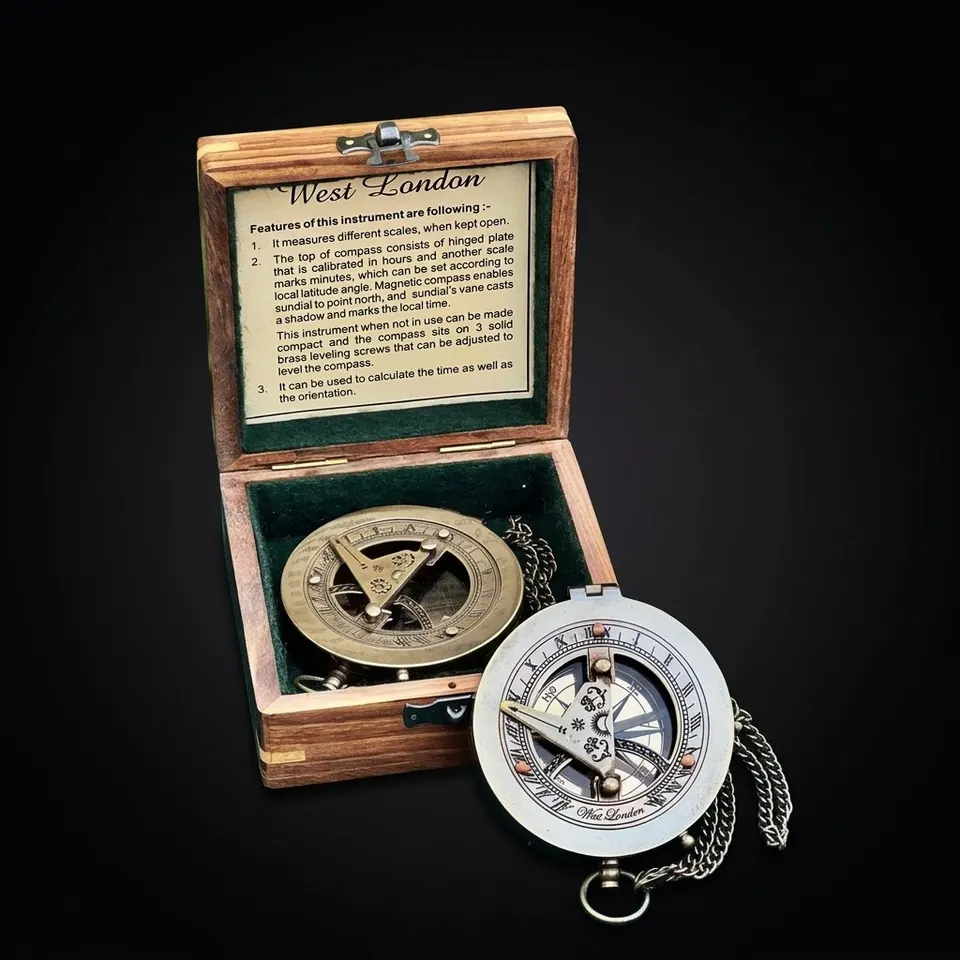 Antique Brass Sundial Compass with Fitted Wooden Presentation Box