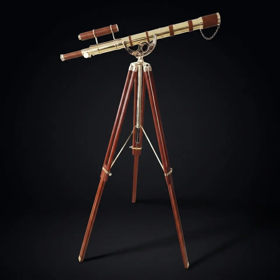 Double Barrel Brass & Leather Floor Standing Telescope 64" with Wooden Tripod