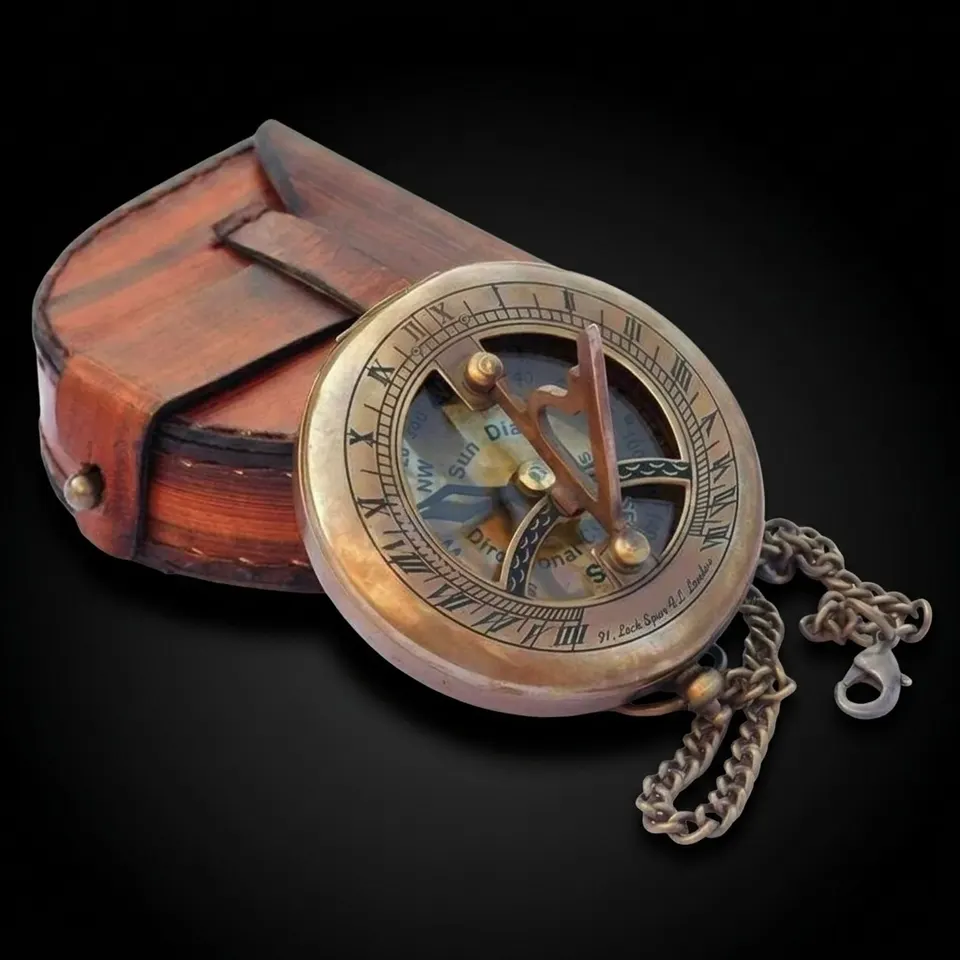 Antique Brass Sundial Compass with Wooden Box