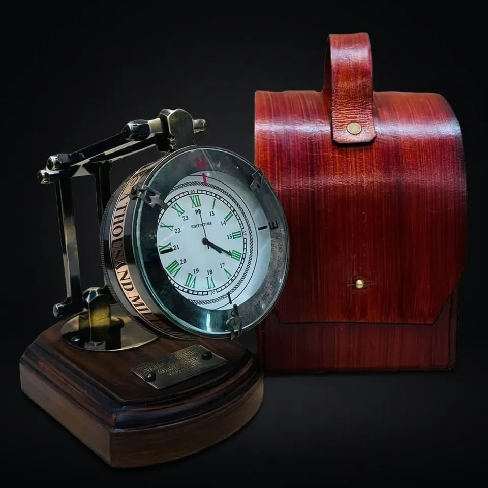 Foldable Brass Desk Clock with Red Leather Case